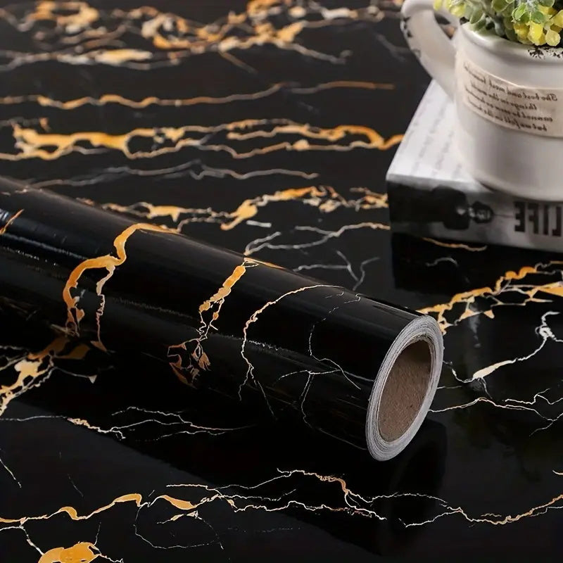 Black and Gold Marble Textured Waterproof Self-Adhesive Wallpaper for Kitchen and Room Decor