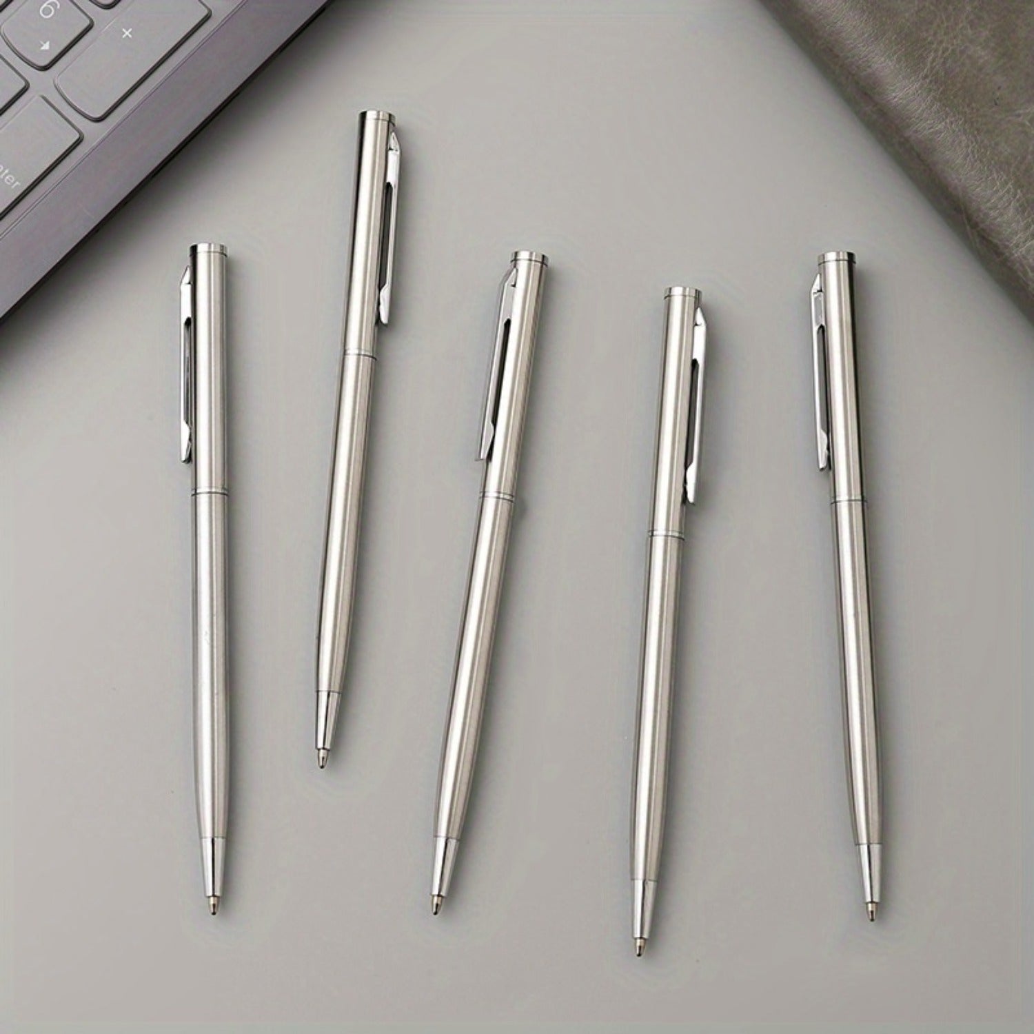 Set of 5 Silver Stainless Steel Ballpoint Pens with Medium Point and Twist Action