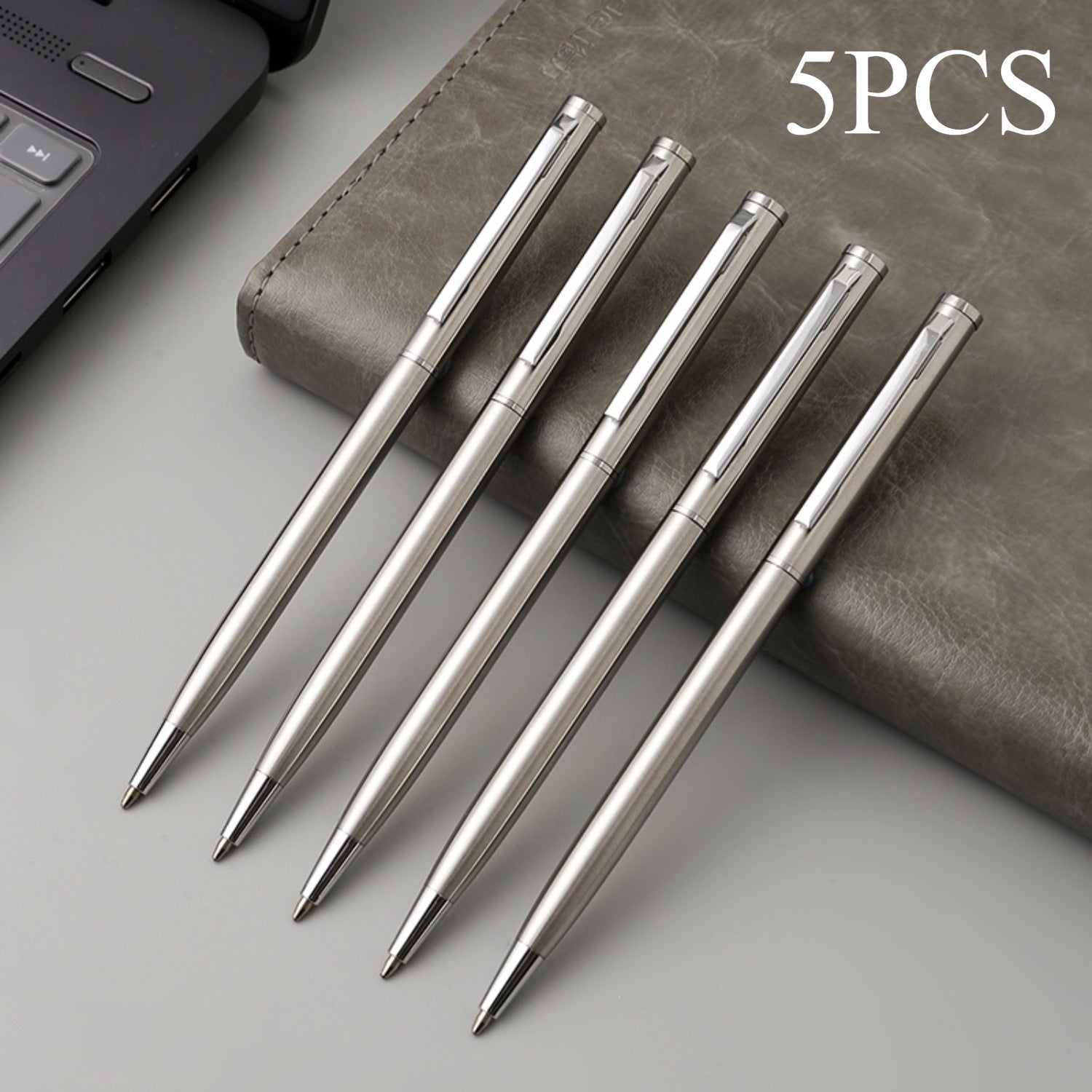 Set of 5 Silver Stainless Steel Ballpoint Pens with Medium Point and Twist Action