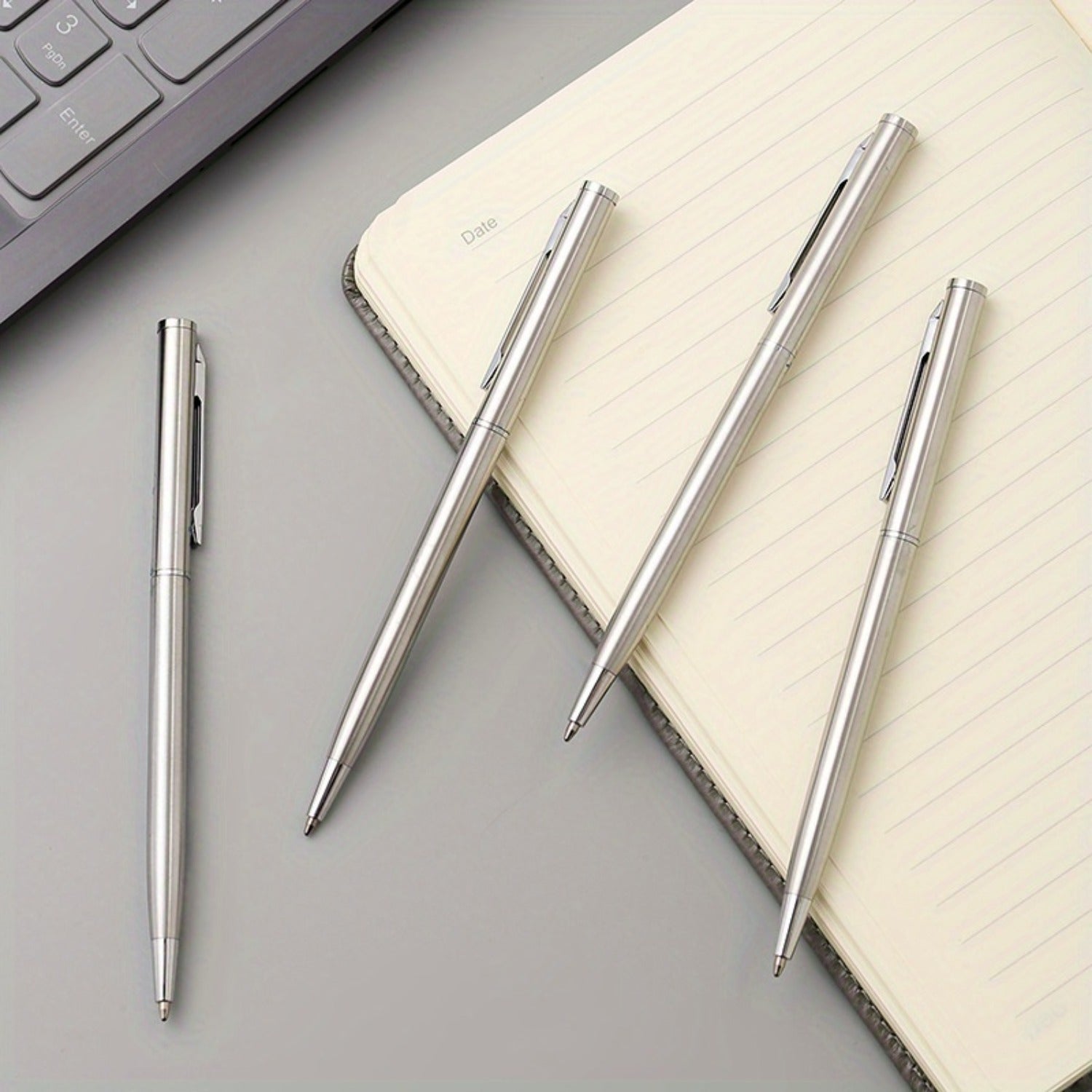 Set of 5 Silver Stainless Steel Ballpoint Pens with Medium Point and Twist Action