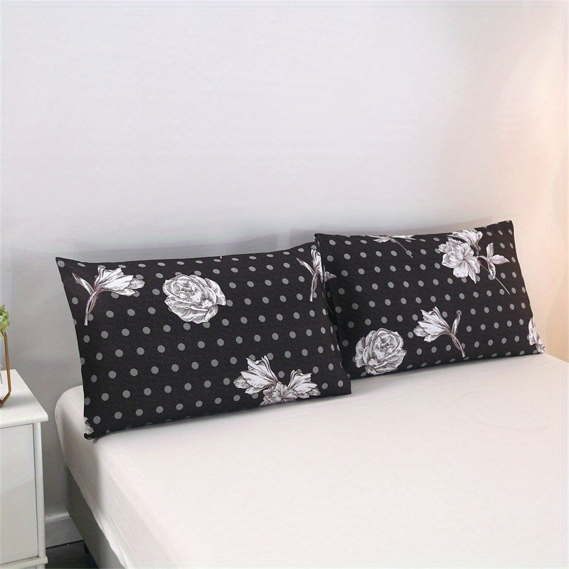 Set of Two Brushed Pillowcases with Floral and Geometric Patterns, Machine Washable