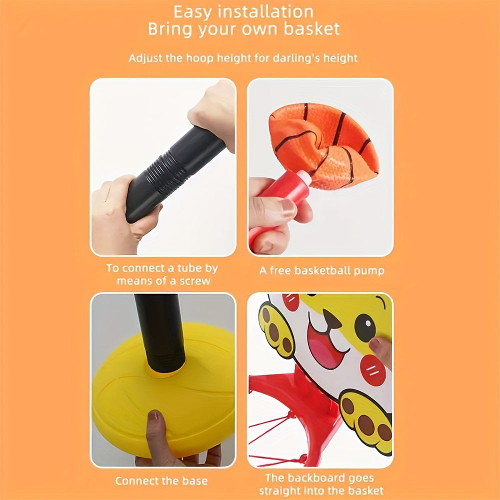 Bola va nasos bilan sozlanadigan balandlikdagi bolalar basketbol to'pi to'plami, ichki/tashqi foydalanish uchun portativ, 3-6 yoshdagi bolalar uchun mos. Multfilm orqa taxtasi bilan oson yig'iladi.