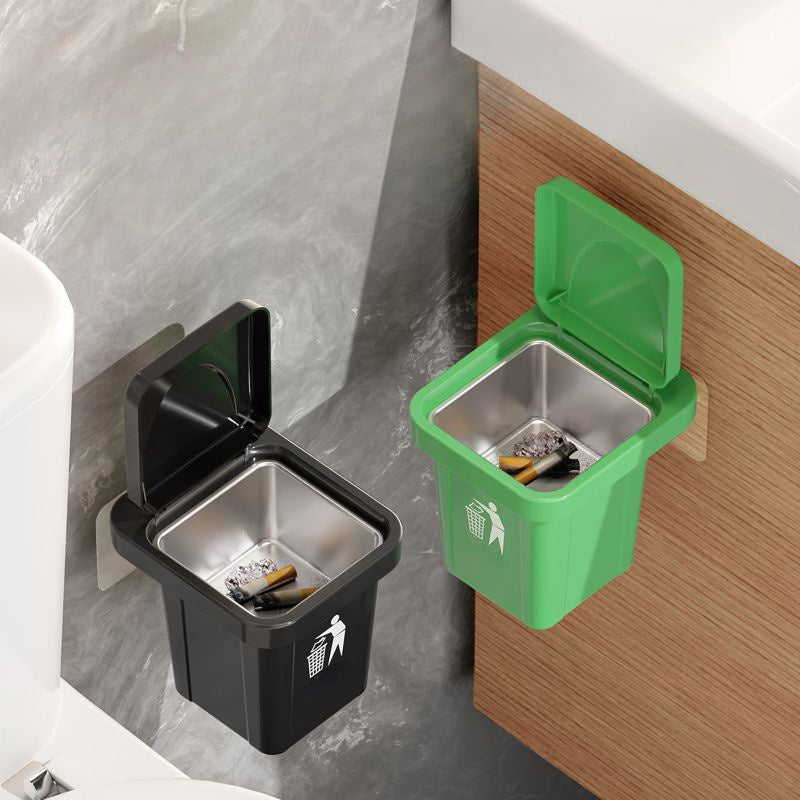 Green Stainless Steel Wall-Mounted Trash Can With Cover and Ashtray