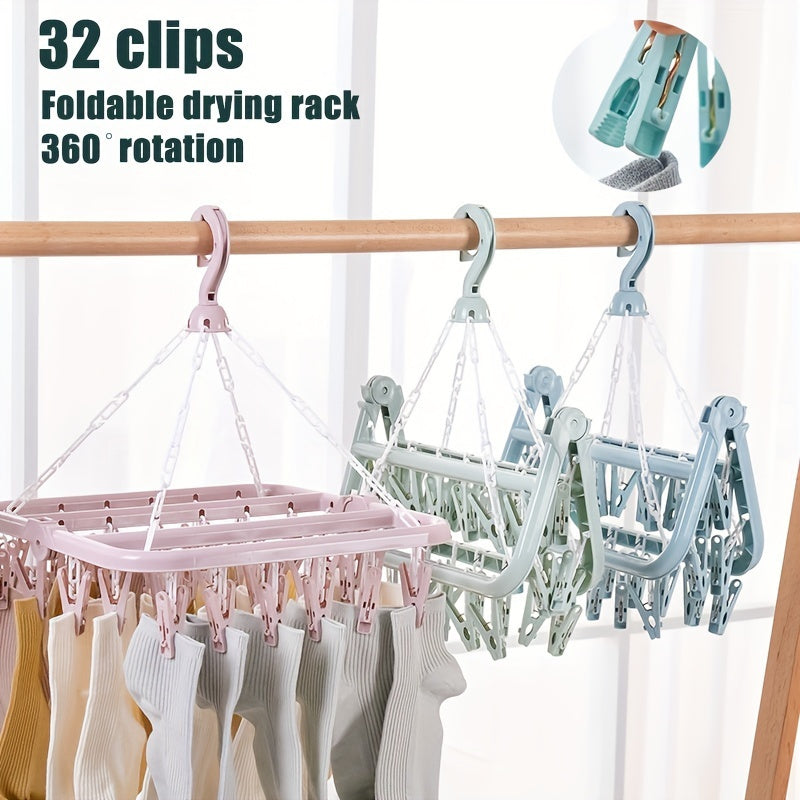 Compact Plastic 32-Clip Folding Laundry Hanger for Delicates Organizer