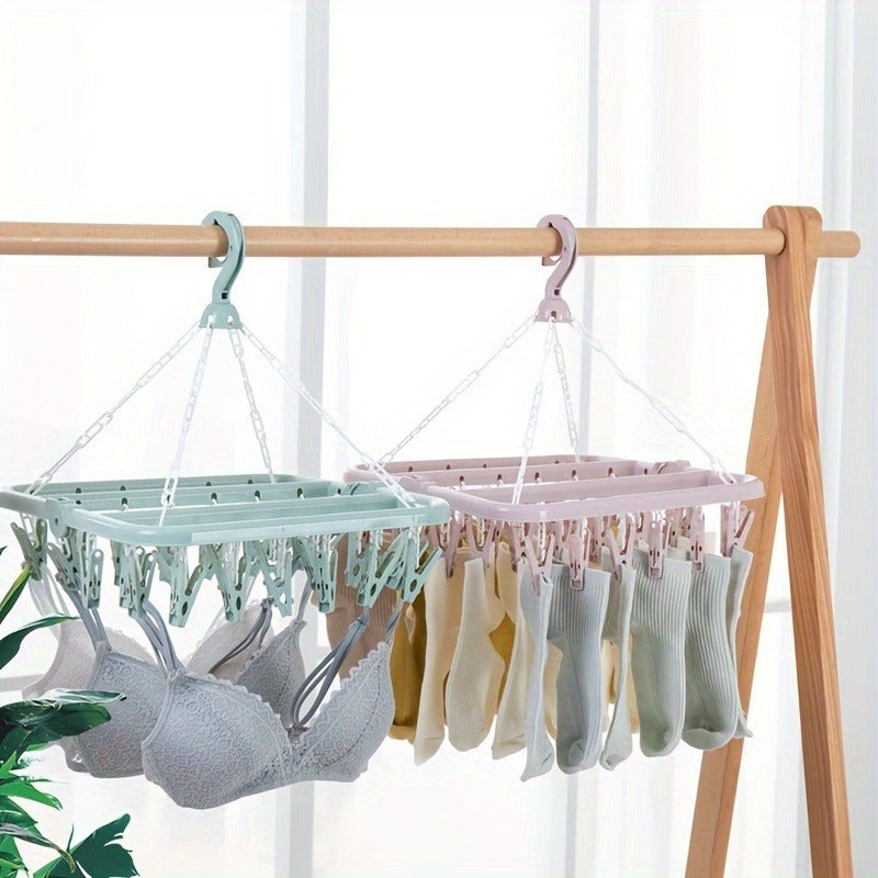 Compact Plastic 32-Clip Folding Laundry Hanger for Delicates Organizer