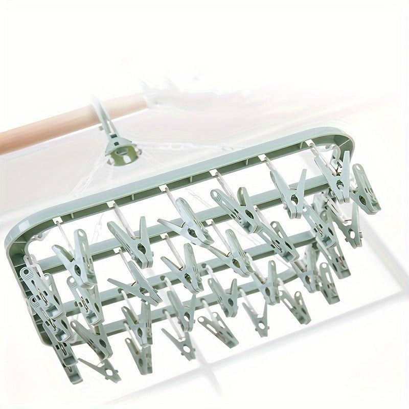 Compact Plastic 32-Clip Folding Laundry Hanger for Delicates Organizer