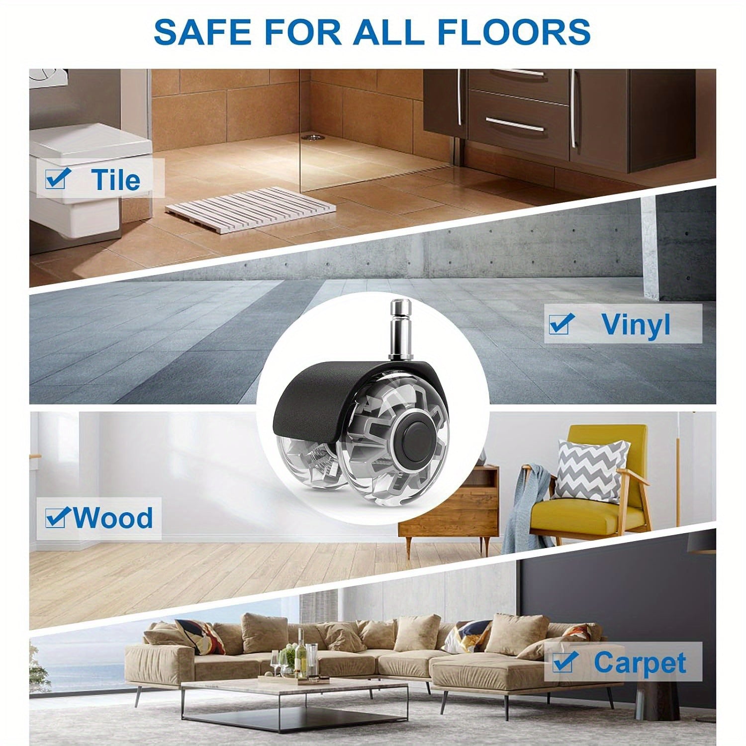 Комплект из 5 тяжелых колес для офисных кресел, поддержка до 2200 фунтов, плавное катание, тихие резиновые колеса