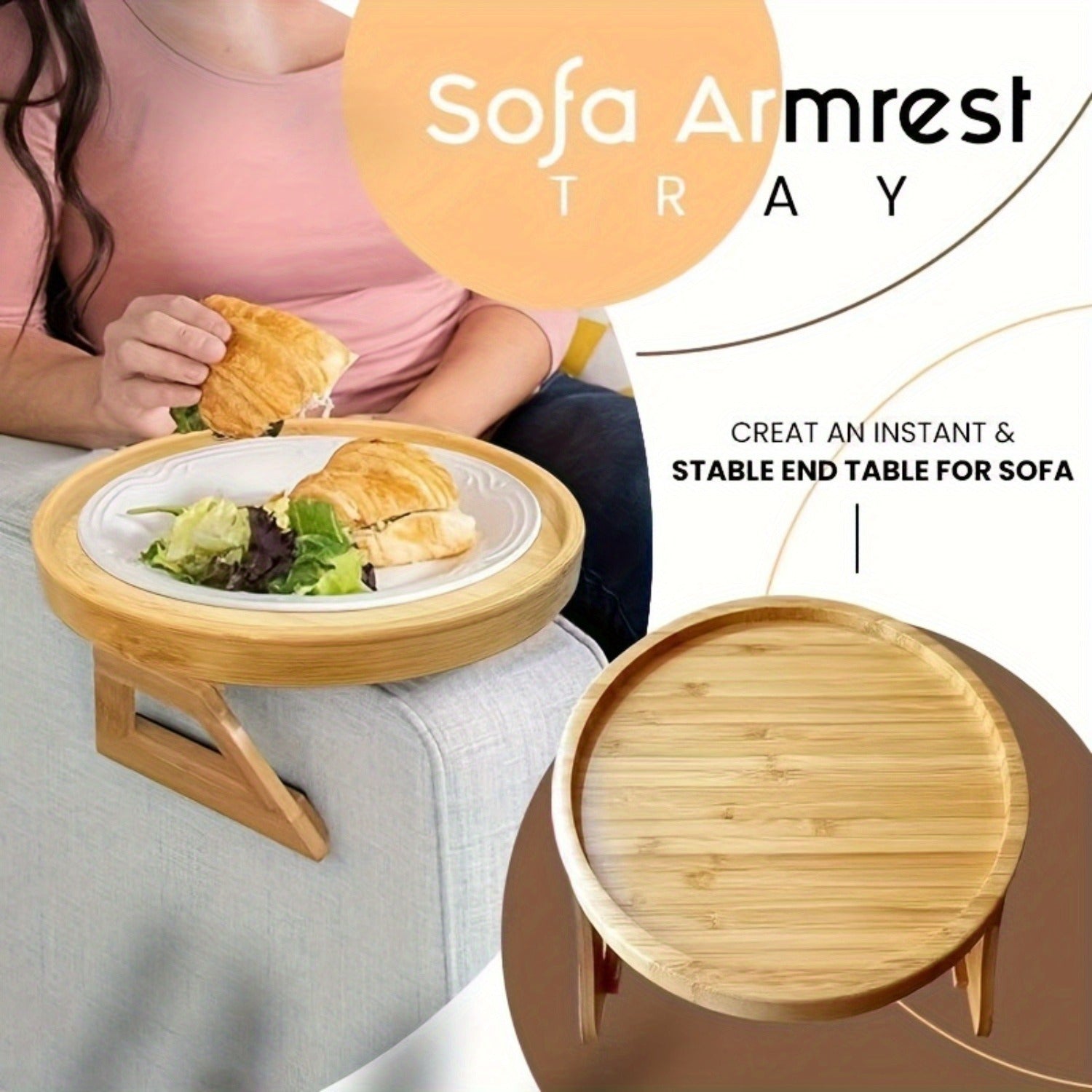 Foldable Bamboo Sofa Armrest Tray Portable Wooden Side Table Casual Style