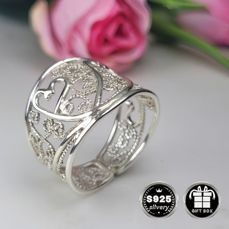 Sterling Silver Ring Collection with Filigree Cigar Band Heart-Shaped Wide Band and Bohemian Style