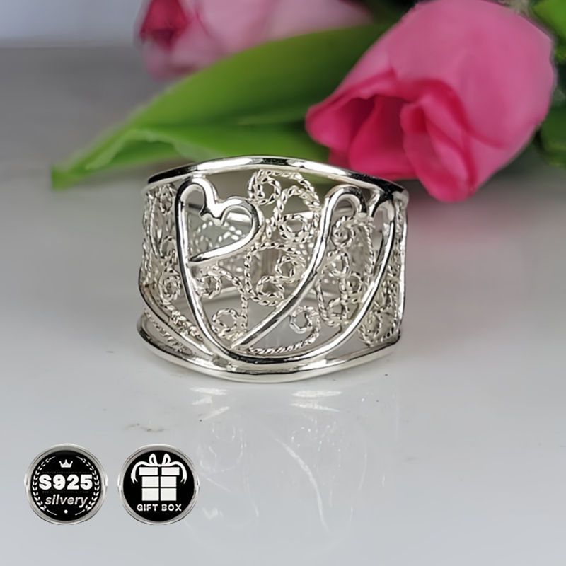 Sterling Silver Ring Collection with Filigree Cigar Band Heart-Shaped Wide Band and Bohemian Style