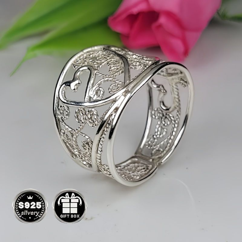 Sterling Silver Ring Collection with Filigree Cigar Band Heart-Shaped Wide Band and Bohemian Style