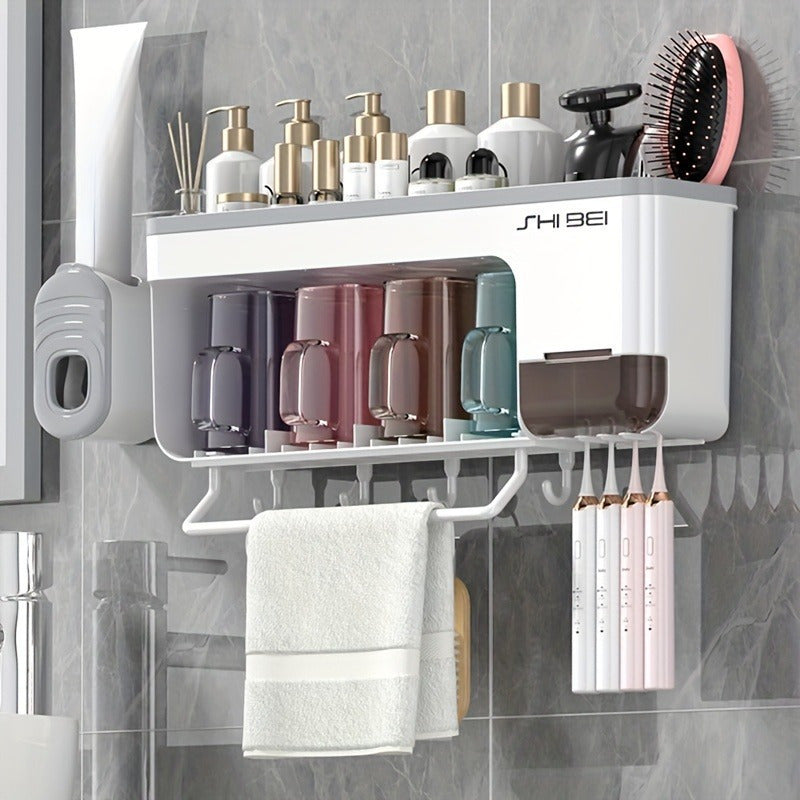 Toothbrush Holder Set with Cups, Punch-Free Toilet Organizer, Mouthwash Cup Storage