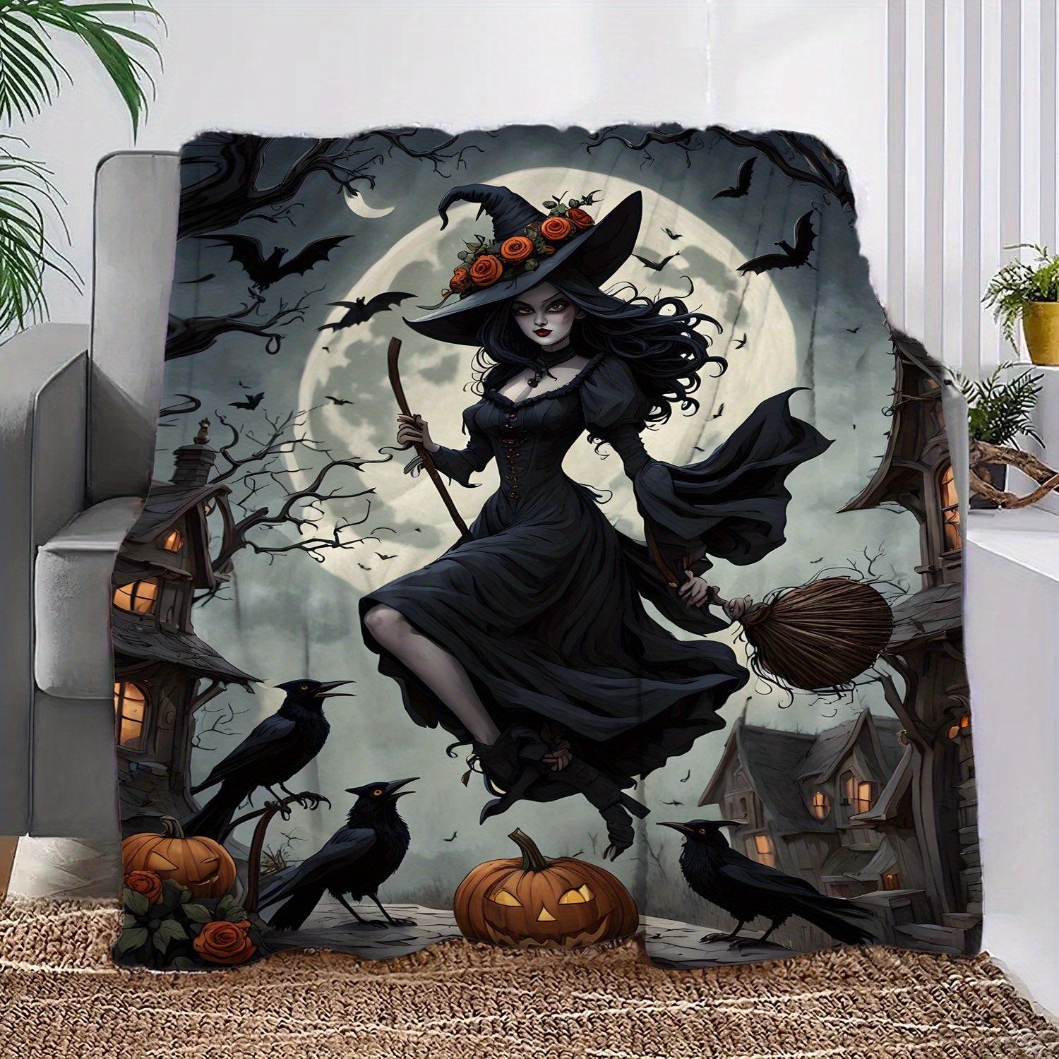 Witch Moonlight Black Flannel Fleece Blanket for Adults and Kids