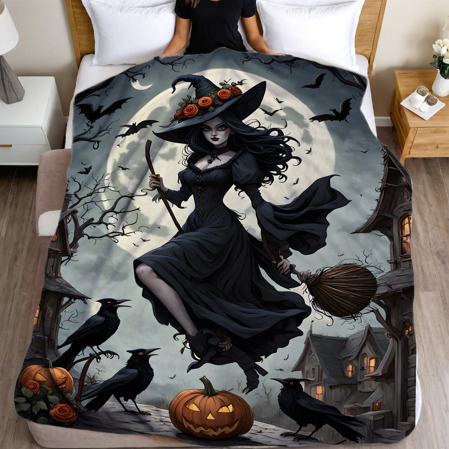 Witch Moonlight Black Flannel Fleece Blanket for Adults and Kids