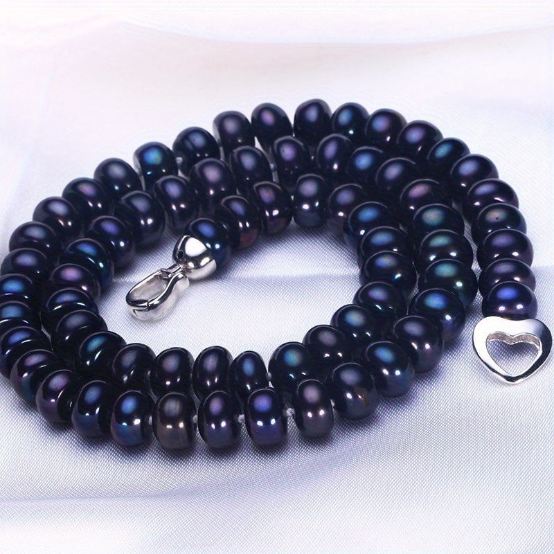 Black Freshwater Pearl Necklace for Women 8-9mm Round Pearls Love Clasp