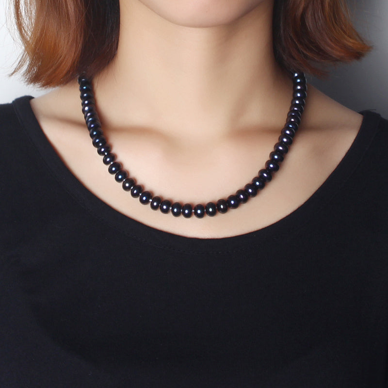 Black Freshwater Pearl Necklace for Women 8-9mm Round Pearls Love Clasp