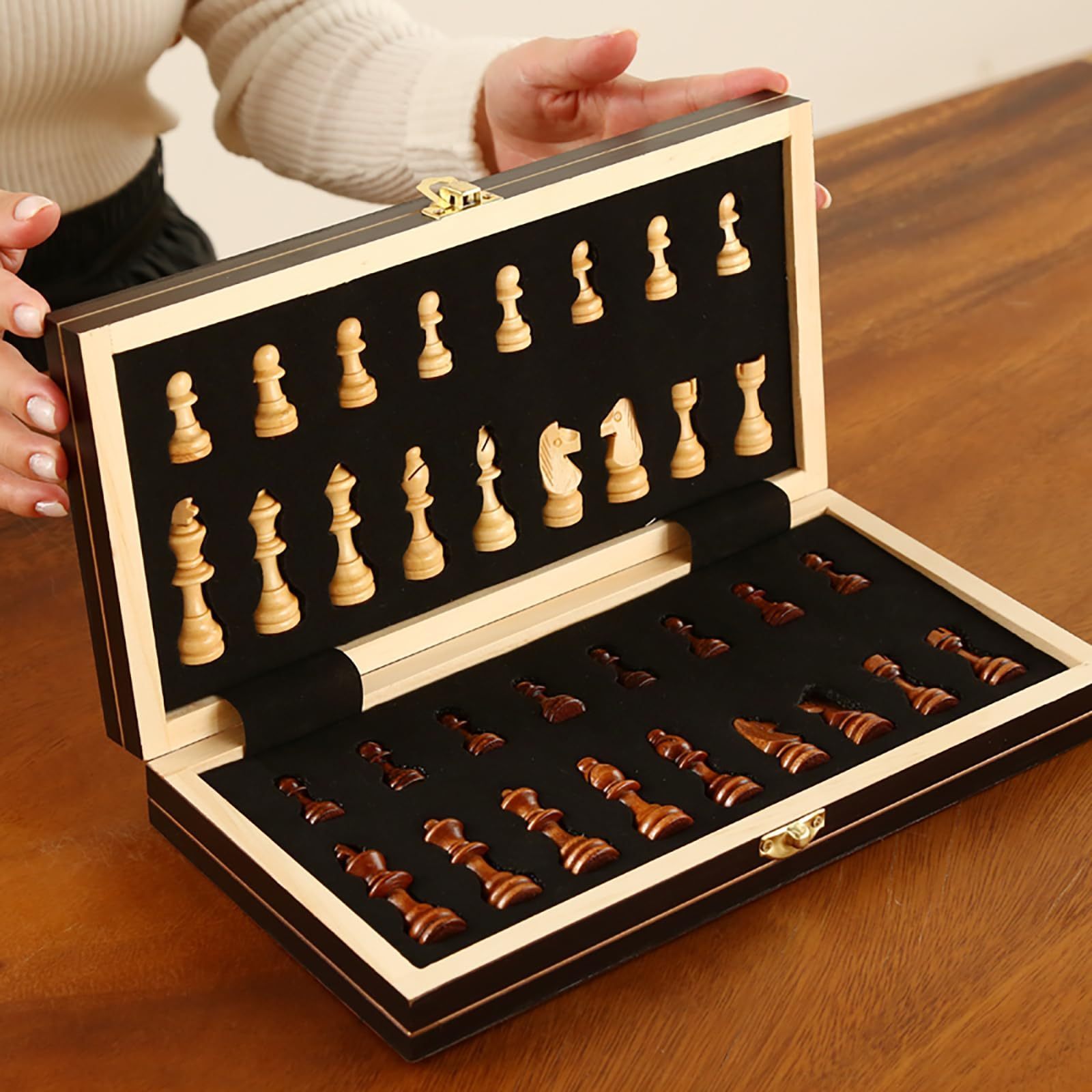 15-Inch Wooden Chess Set Folding Design Large Playing Area Durable Construction for Adults and Beginners