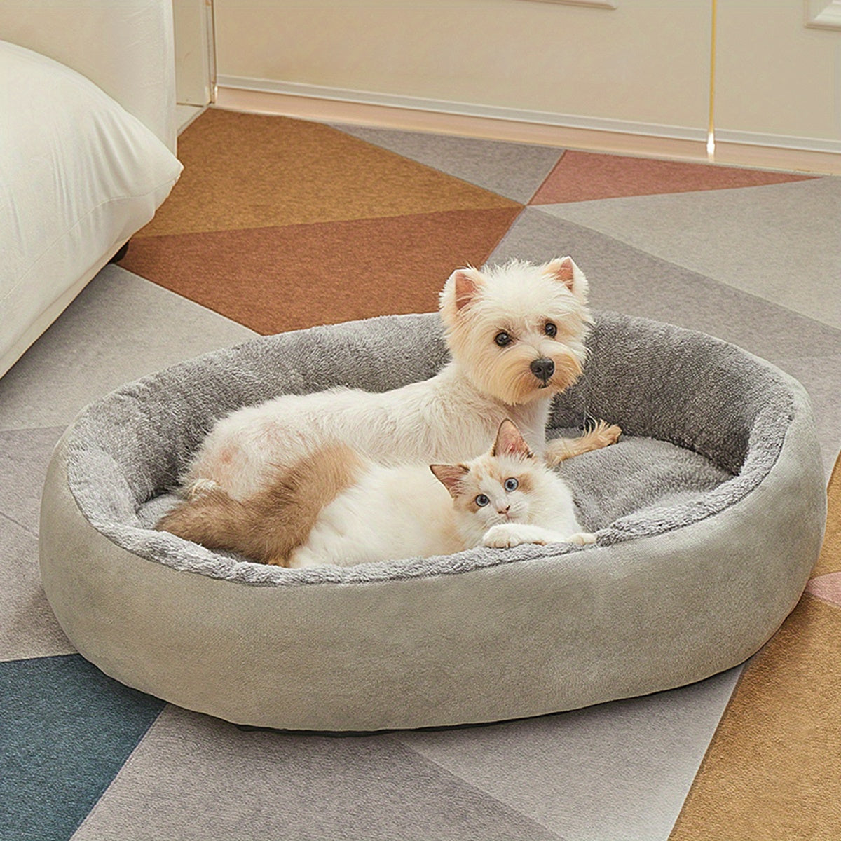Oval Pet Bed for Small to Medium Dogs Plush Polypropylene Non-Assembled