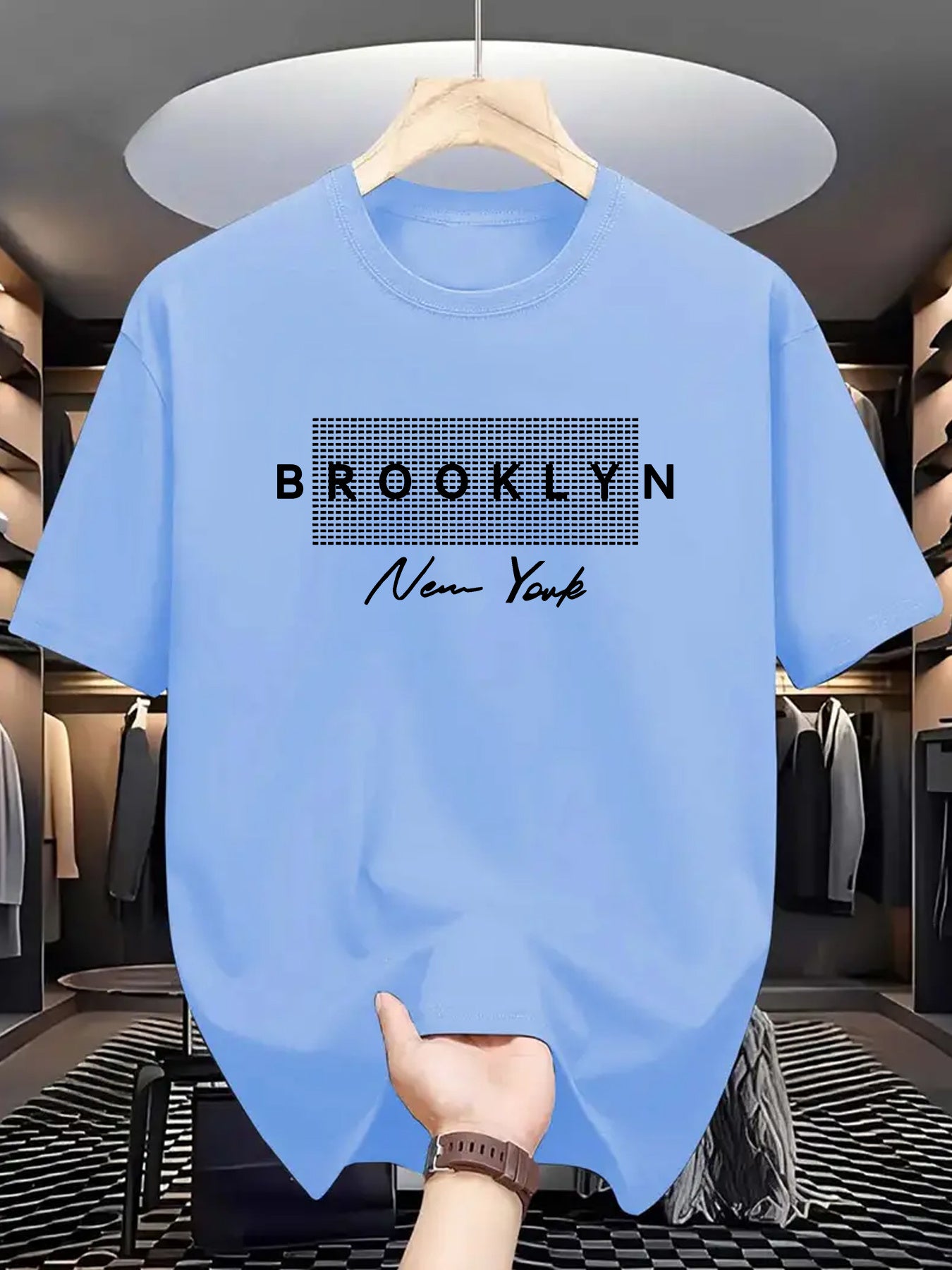 Men's Black Crew Neck T-Shirt Polyester Knit Geometric Pattern Summer Casual Regular Fit