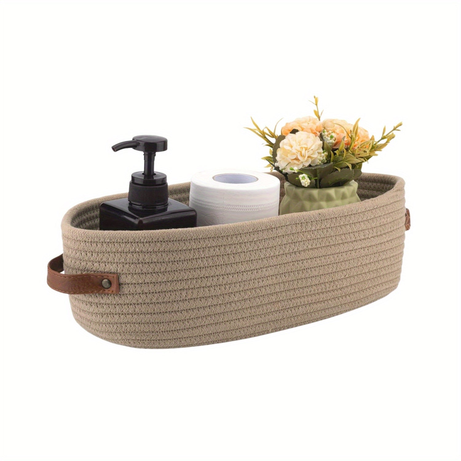 Woven Storage Basket with Dual Handles for Desk and Bathroom Organization Black Grey Yellow