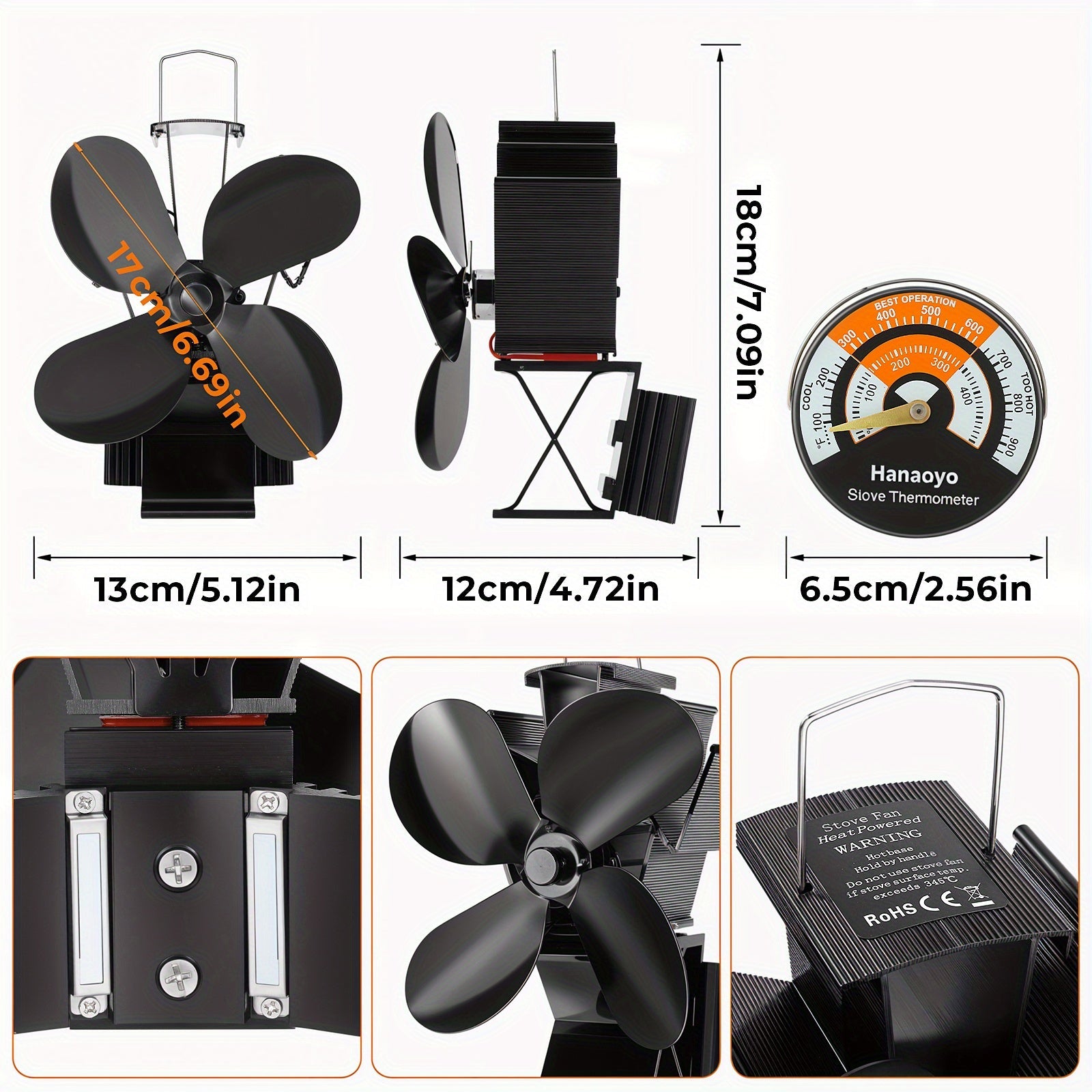 Portable Aluminum Fireplace Fan with Magnetic Blower for Wood Stove Heating