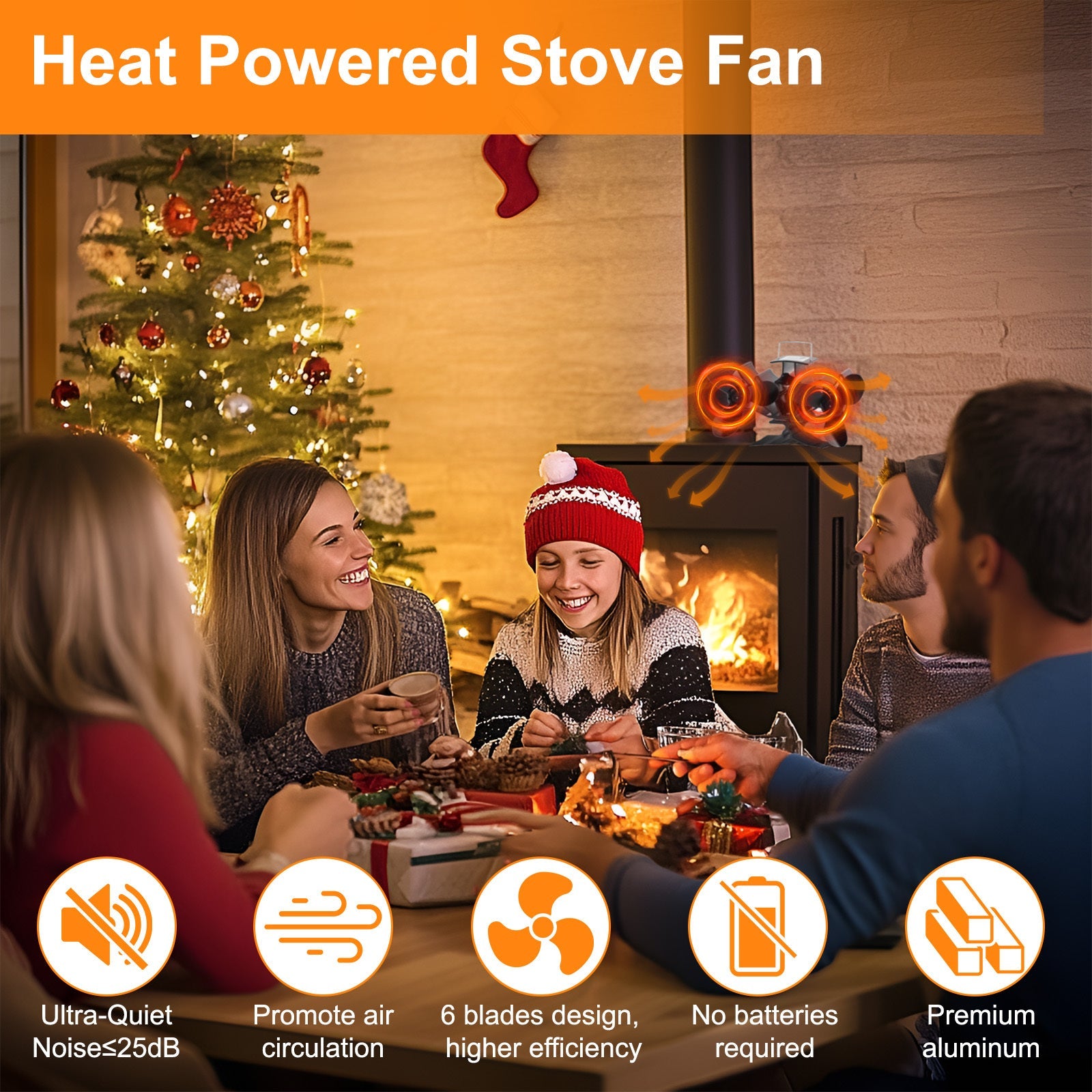 Aluminum Heat Powered Stove Fan Dual Motors Quiet Efficient Heat Circulation