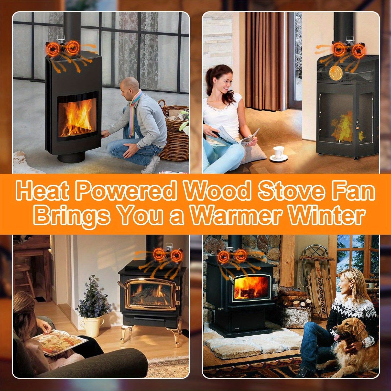 Aluminum Heat Powered Stove Fan Dual Motors Quiet Efficient Heat Circulation