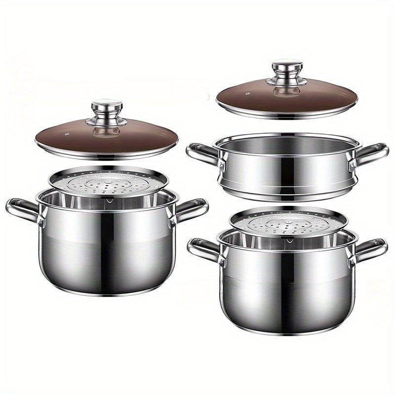 Stainless Steel Steamer Pot with Lid 1 Piece Semi-Sand Bright Finish Induction Gas Compatible
