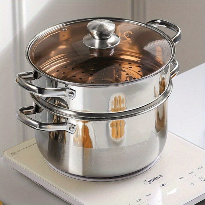 Stainless Steel Steamer Pot with Lid 1 Piece Semi-Sand Bright Finish Induction Gas Compatible