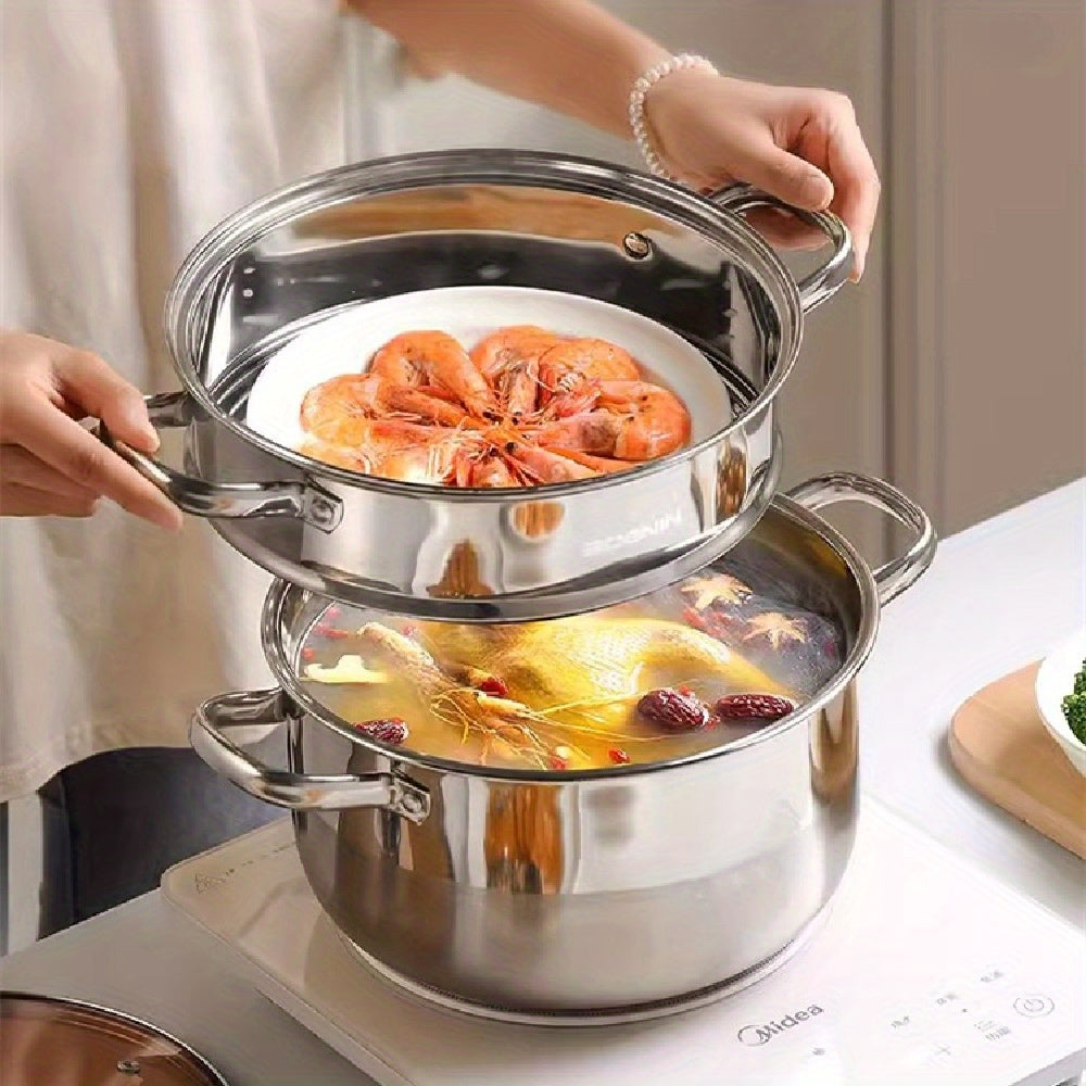 Stainless Steel Steamer Pot with Lid 1 Piece Semi-Sand Bright Finish Induction Gas Compatible
