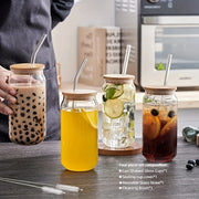 Set of 4 Borosilicate Glass Drinking Cups with Bamboo Lids and Glass Straws