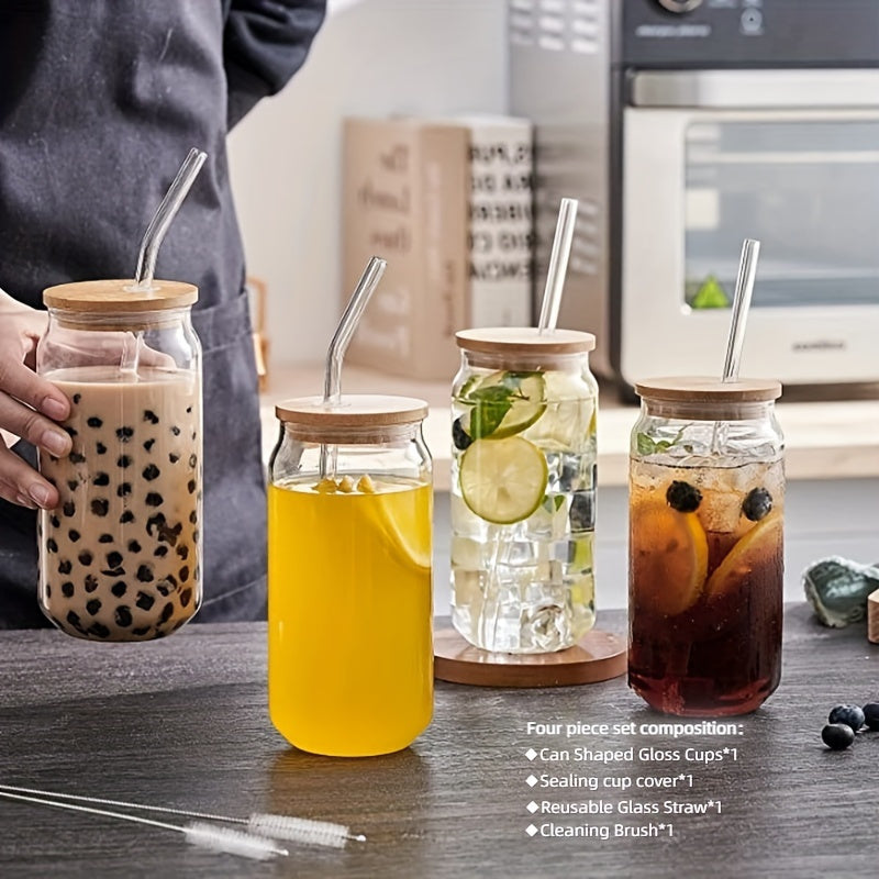 Set of 4 Borosilicate Glass Drinking Cups with Bamboo Lids and Glass Straws