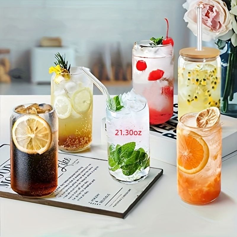 Set of 4 Borosilicate Glass Drinking Cups with Bamboo Lids and Glass Straws