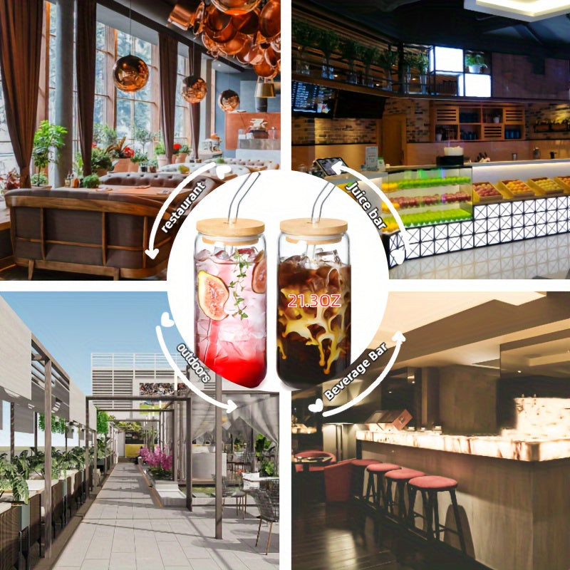 Set of 4 Borosilicate Glass Drinking Cups with Bamboo Lids and Glass Straws