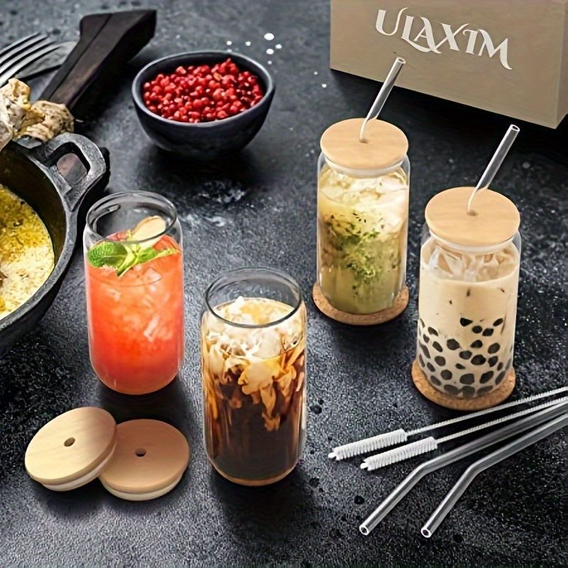 Set of 4 Borosilicate Glass Drinking Cups with Bamboo Lids and Glass Straws
