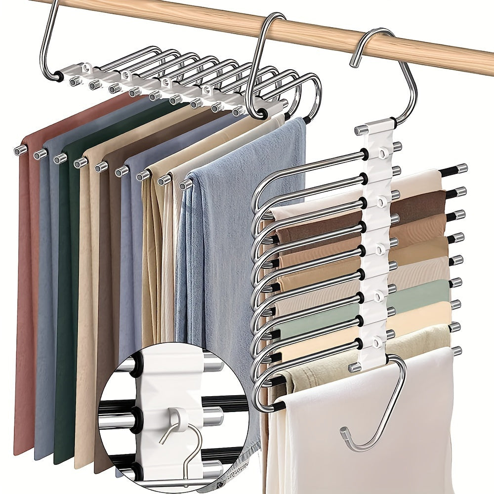 Stainless Steel Pants Hanger with Non-Slip S-Hook 5/9-Layer Closet Organizer