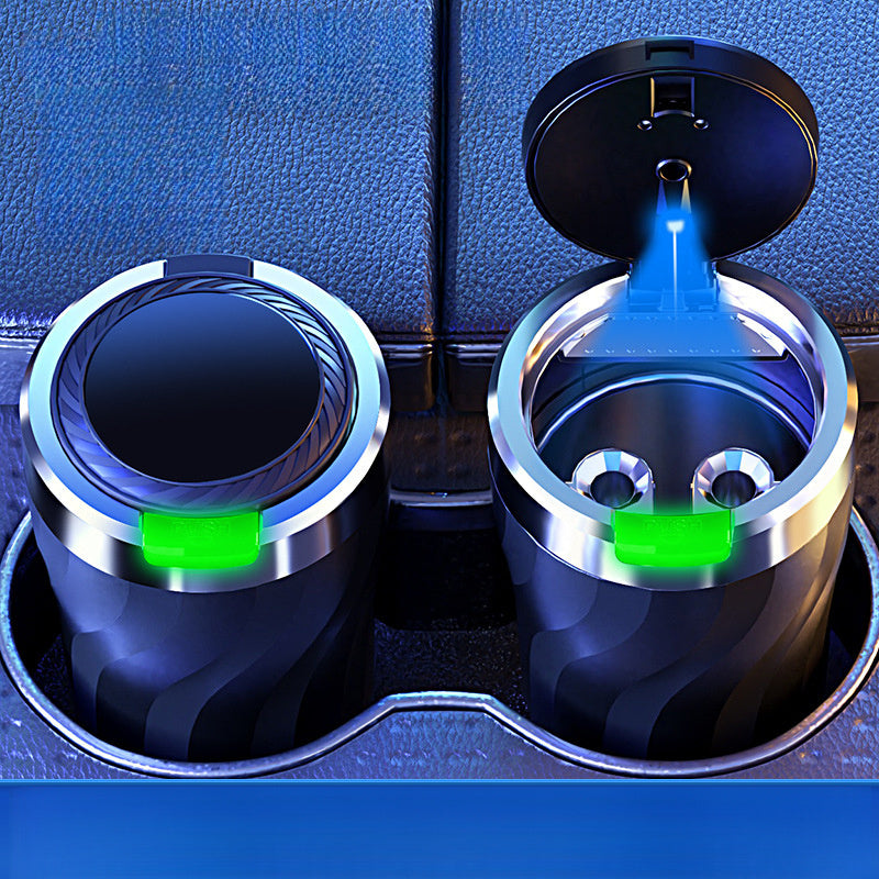 Автомобильная пепельница черная с LED-подсветкой, однокнопочное открытие, большой объем, прочный ABS