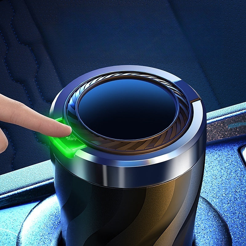 Car Ashtray Black LED Light One-Click Open Large Capacity Durable ABS