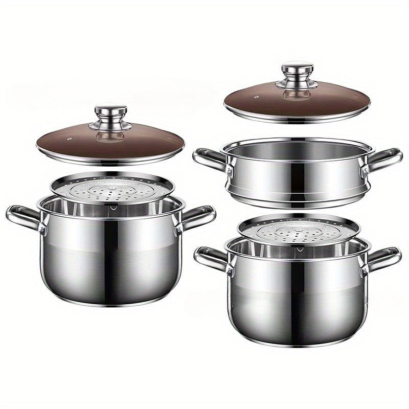 Stainless Steel Steamer Pot with Lid 1 Piece Semi-Sand Bright Finish Induction Gas Compatible