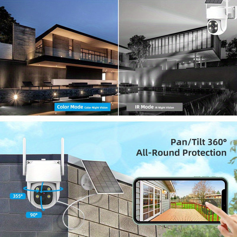 Wireless Solar Security Camera System with Spotlight Siren 2K 355° Night Vision