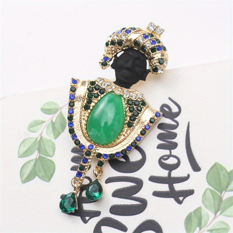 Vintage-Inspired Brooch with Emerald Green Rhinestones and Enamel Quirky Figural Pin Jewelry Gift