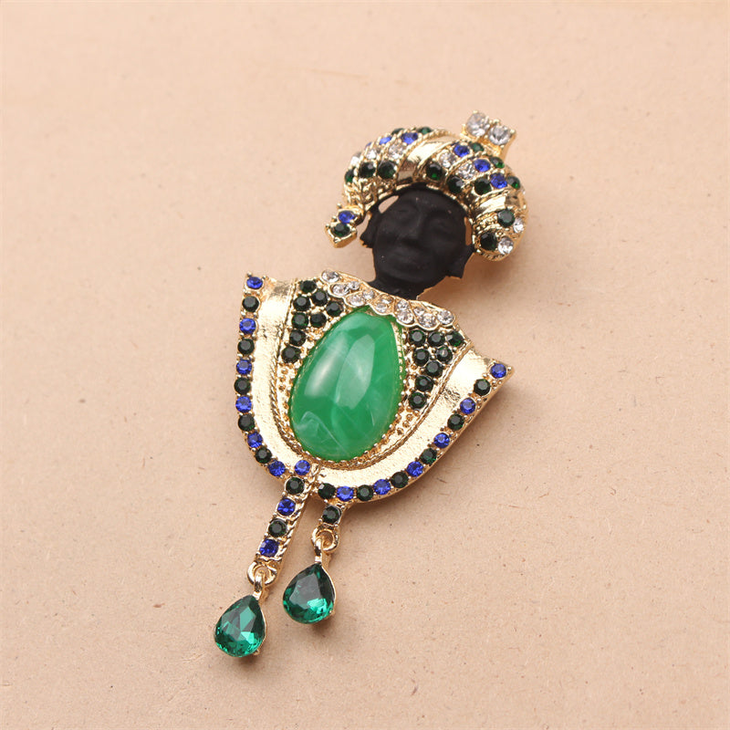 Vintage-Inspired Brooch with Emerald Green Rhinestones and Enamel Quirky Figural Pin Jewelry Gift