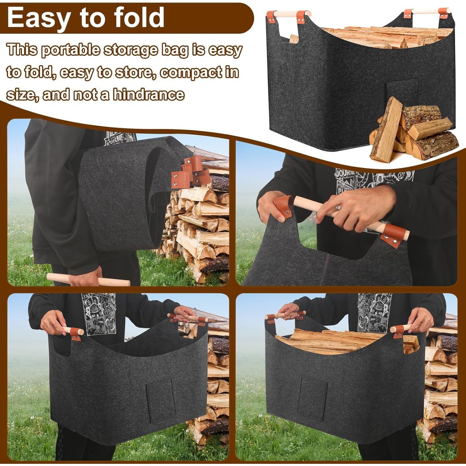 Durable Felt Firewood Baskets Two Pack Reinforced Handles Foldable Storage