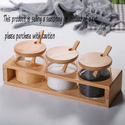 Glass Sugar Bowl with Wooden Lid and Spoon Transparent Spice Jar for Kitchen Seasoning