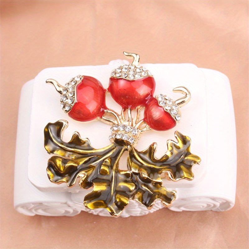 Radish and Leaf Brooch with Rhinestones Floral Design Fashion Accessory
