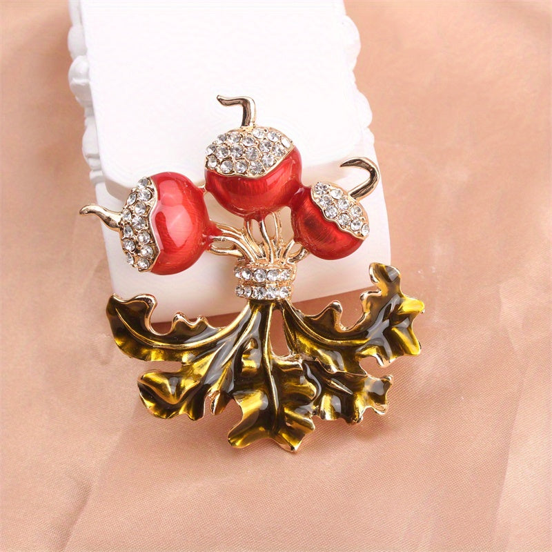 Radish and Leaf Brooch with Rhinestones Floral Design Fashion Accessory
