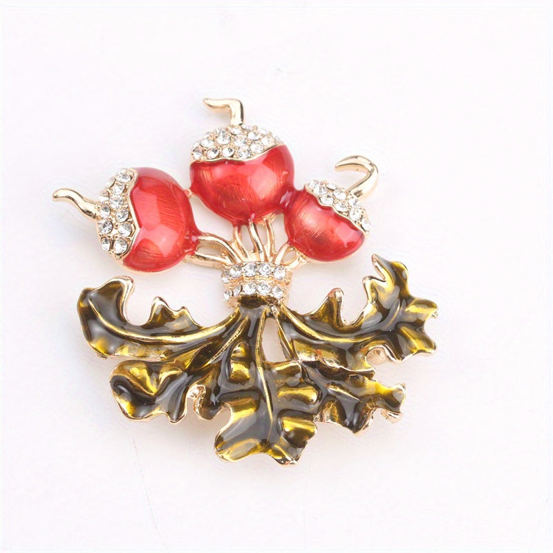 Radish and Leaf Brooch with Rhinestones Floral Design Fashion Accessory