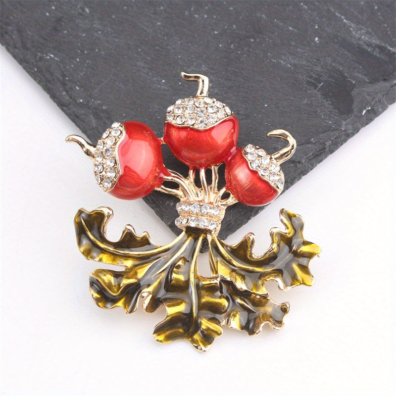 Radish and Leaf Brooch with Rhinestones Floral Design Fashion Accessory