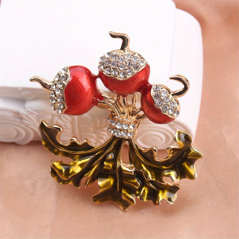 Radish and Leaf Brooch with Rhinestones Floral Design Fashion Accessory