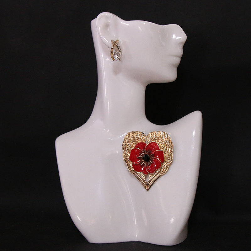 Women's Enamel Heart-Shaped Brooch Pin with Red Flower Detail Gold-Tone Finish